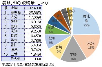 養殖ブリの収穫量／鰤／ハマチ
