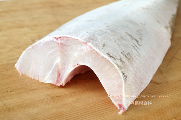 皮をすき引きしおろしたスギの身。脂がのっているのがわかる スギ,Cobia,Rachycentron canadum,切り身