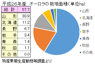 オーロラの主な産地と栽培面積の表とグラフ