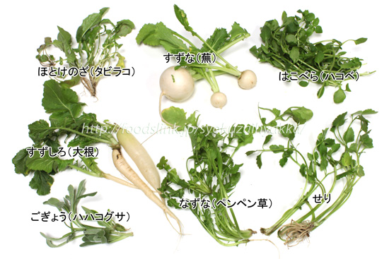 春の七草とは、ごぎょう(御形)、ほとけのざ(仏の座)、はこべら(繁縷)、なずな(薺)、せり(芹)、すずしろ(蘿蔔)=だいこん(大根)、すずな(菘)=かぶ