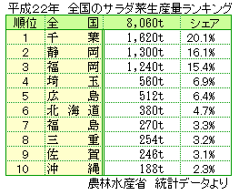 全国のサラダ菜生産量ランキング